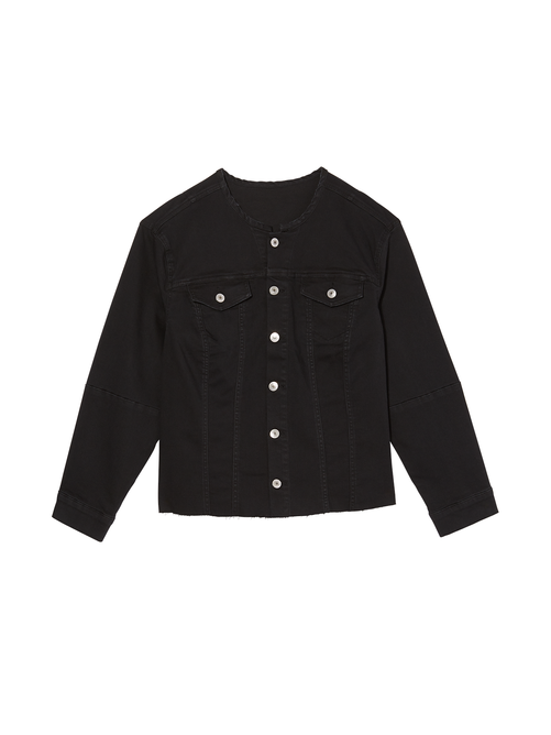 black collarless denim jacket